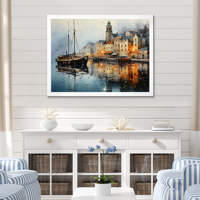 «Coastalport Port Of Tranquility», reproduction d'art sur toile encadrée, H 34 po x l 44 po x P 1,5 po, Cadre flottant blanc