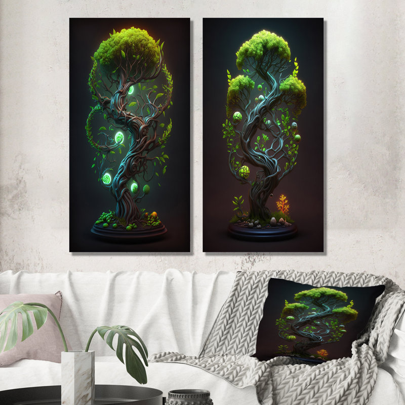 «Neon Bonsai Swirl Tree V», 2 pièces, H 40 po x l 40 po, Toile tendue