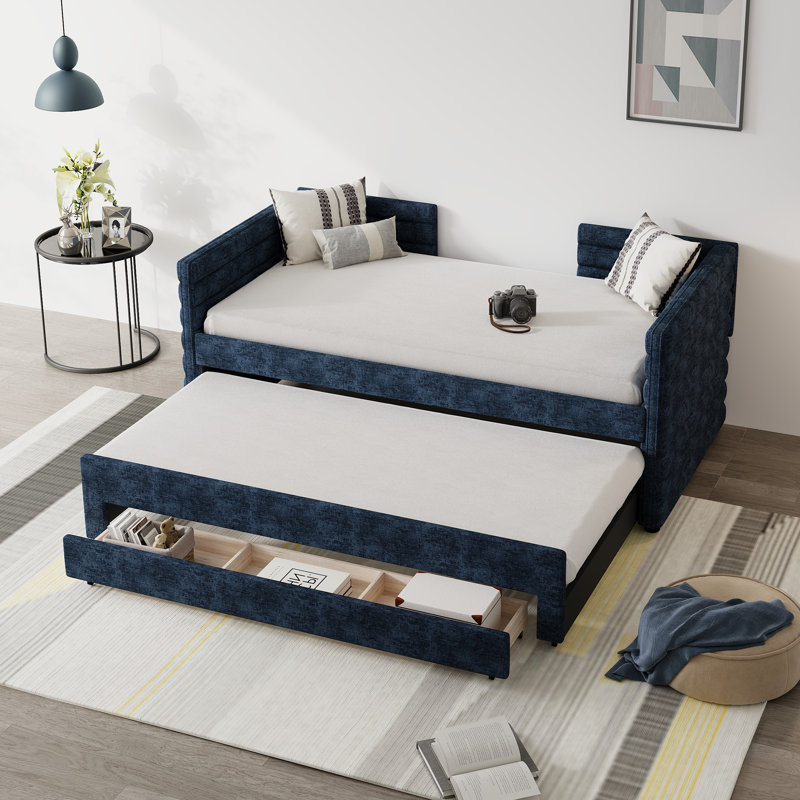 3 Drawers Upholstered Daybed With Trundle, Blue