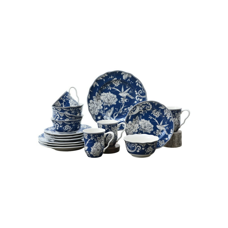 Service de table 16 pièces, service pour 4 Adelaide, Floral, Bleu très foncé