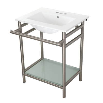 Lavabo console Kingston en céramique Sheridan 24 pouces avec pieds en acier inoxydable et tablette en verre (3 trous) Kingston