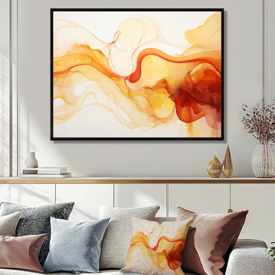 Jaune et orange nuages - art abstrait mural encre liquide salon