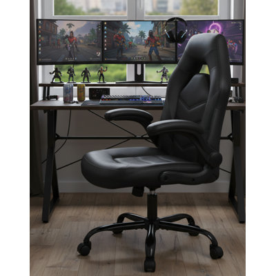 Noir, fauteuil de jeu en cuir PU, fauteuil de bureau ergonomique avec support lombaire, hauteur réglable, roulettes et accoudoirs rabattables.