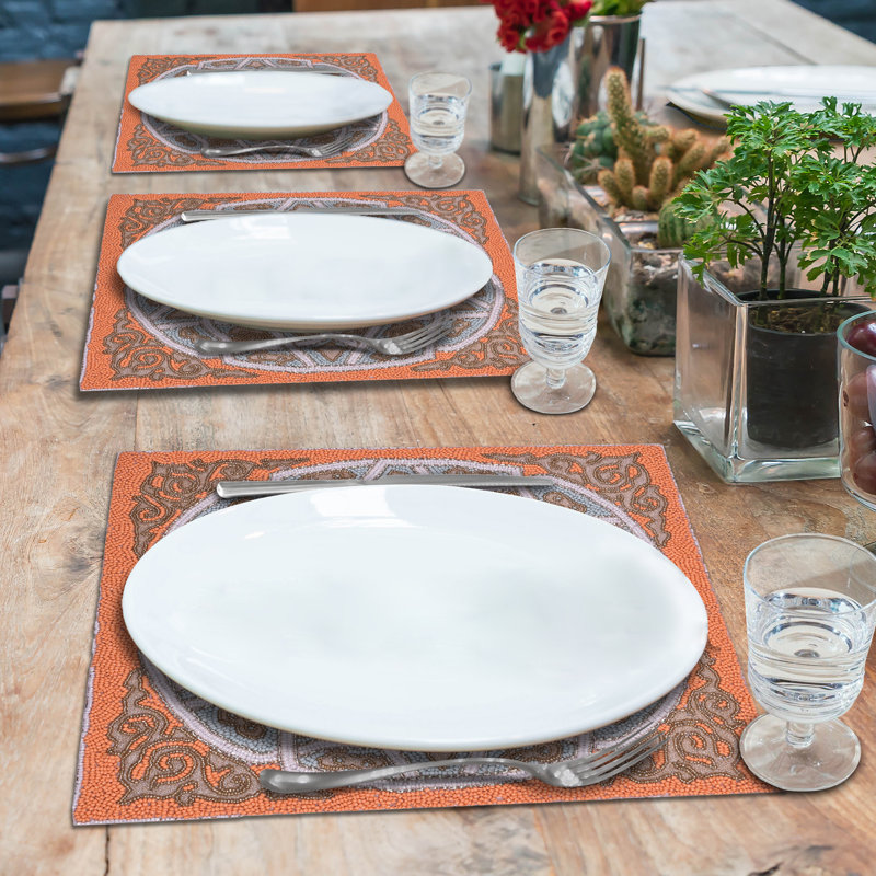 Powderly Embroidered Square Beaded Placemats Set of 2 with Satin Back for Dining Table and Christmas Decor