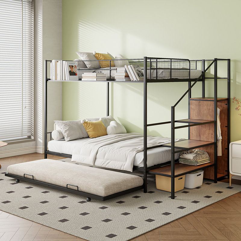 Twin Over Full Metal Bunk Bed with Trundle and Lateral Storage Ladder and Wardrobe, Black