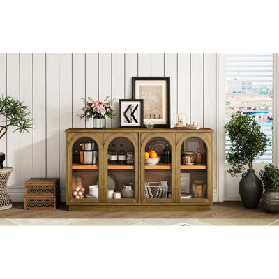 Buffet Old Pine avec 4 portes en verre. Style arqué élégant. Options de rangement généreuses. Tablettes réglables. Qualité de fabrication. Support de poids supérieur à 200 lb. Capacité de 52 tablettes. 250 fils de charge inférieure