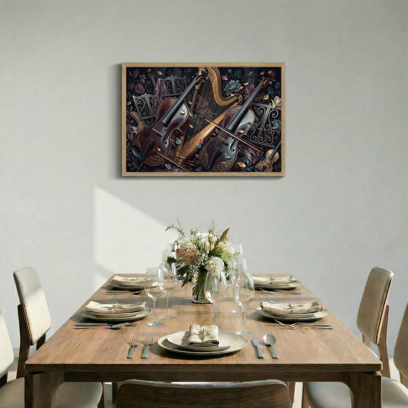 Art mural sur toile en bois foncé violoncelle et harpe dorée avec fleurs, H 36 po x l 48 po