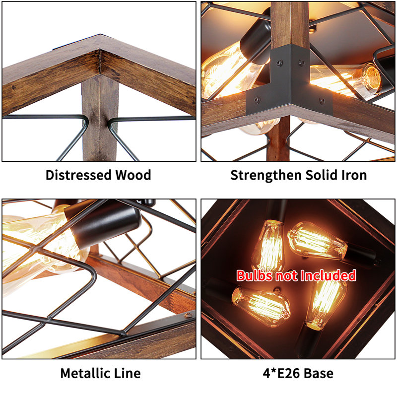 Lucelia 4-light Metal Wood Frame Caged Unique Flush Mount Ceiling Light Fixture