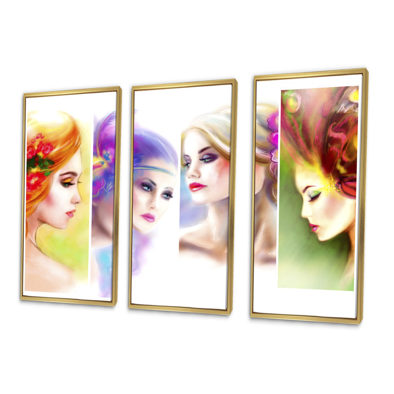 «Colorful Women Face Collage», ensemble de 3 toiles encadrées, H 28 po x l 36 po x P 1 po, Or