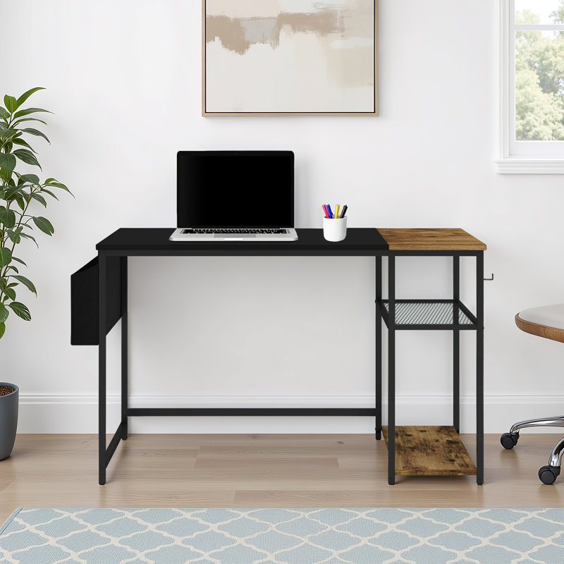 Myra 47" W Home Office Computer Writing Study Desk with Storage Shelves, Black/Brown