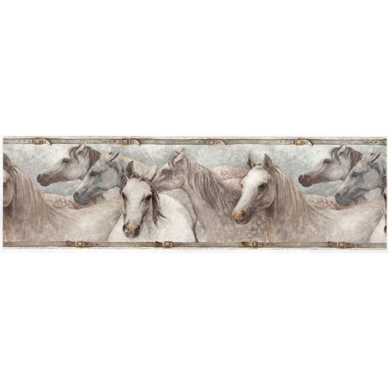 Bordure de papier peint Stevensville Horses, H 10 po x L 180 po, Gris / Brun