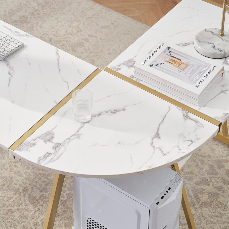Ivinta L-shaped Metal Frame Computer Desk with Keyboard Tray 58'' W, White/Gold
