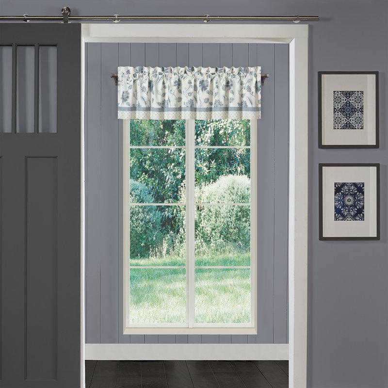 Blue Floral Embroidered Rod Pocket Valance with Trim