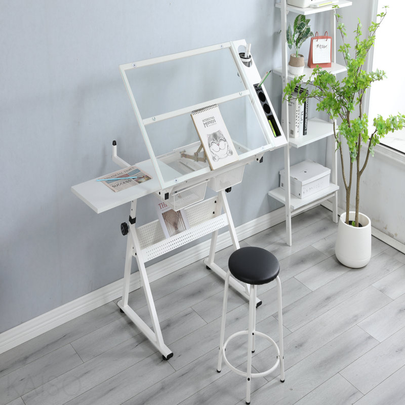 Table à dessin blanche en verre trempé réglable avec chaise