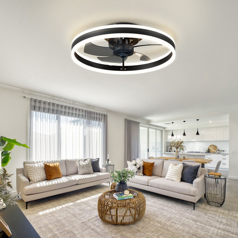 15.75" Low Profile Modern Style LED Ceiling Fan Light, APP+Remote Control, 6-Speed Fan, All Seasons, 1 Pack, 15.7", Black