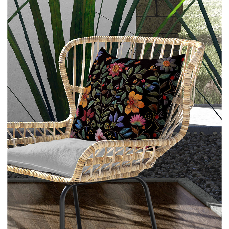Coussin décoratif symétrique d'intérieur / extérieur Flora, Square 26", Noir / Vert / Orange