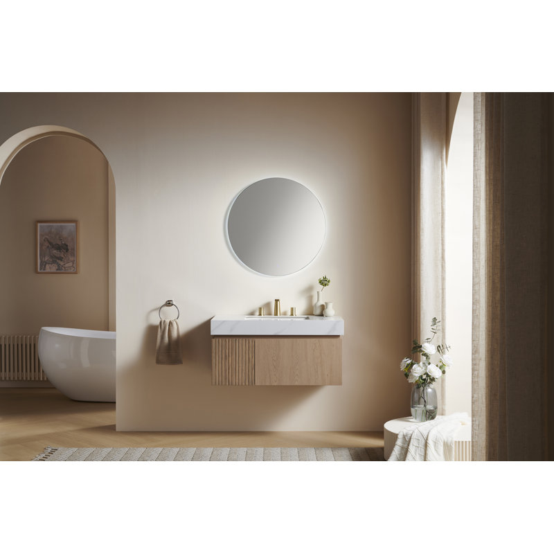 Muri 36" Bathroom Vanity&Sink, Floating Plywood Storage Cabinet With Drawer&Door, Carrara White Sintered Stone Top&Ceramic Basin With 3 Pre-Drilled Faucet Holes, Pre-Assembled, Heidelberg Woodgrain