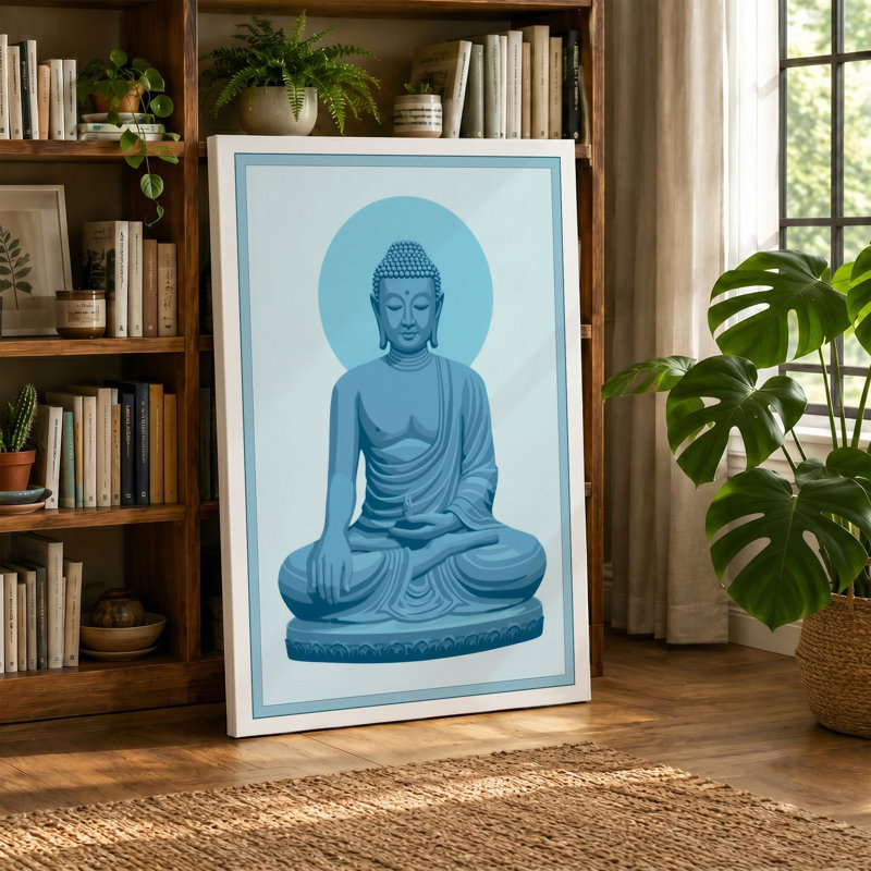 Buddha in Blue Light Minimalist - Wrapped Canvas, 36x24 - 91.4 x 61.0 cm, Taupe Border