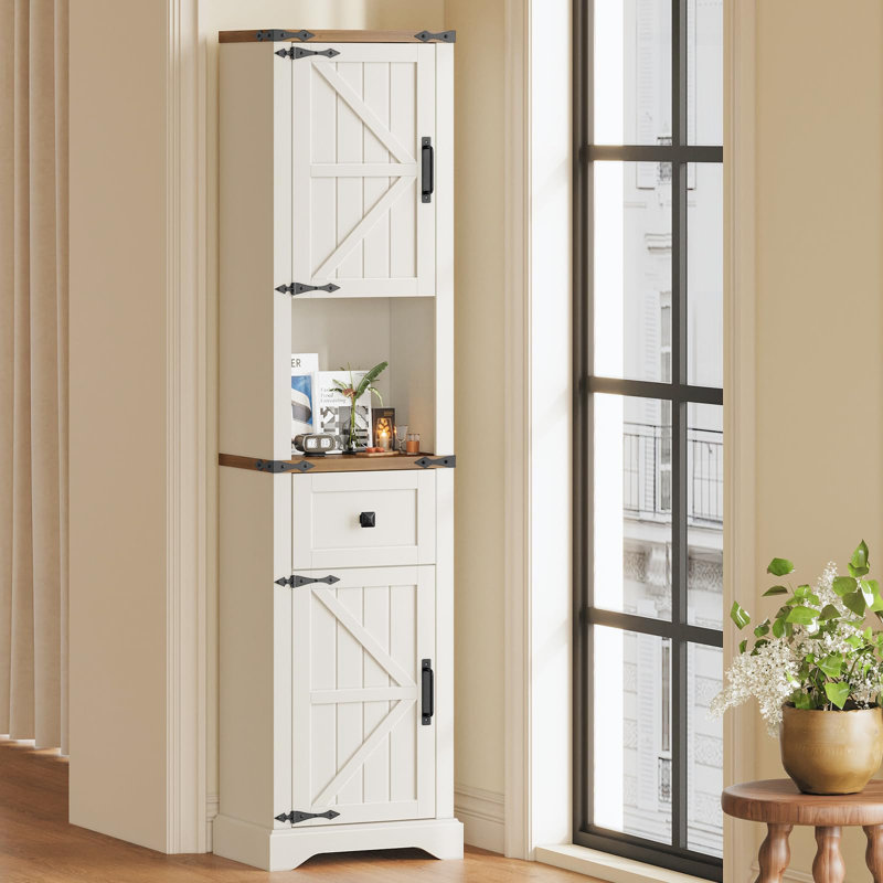 66" Tall Farmhouse Bathroom Storage Cabinet, White/Brown