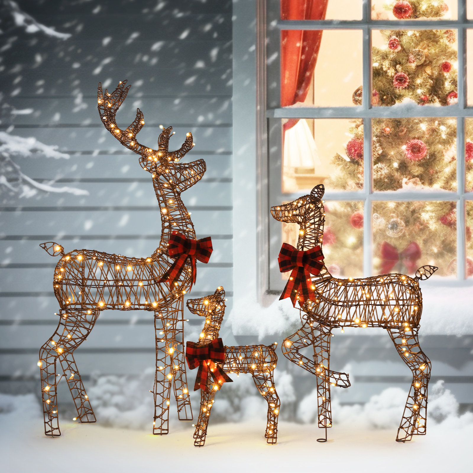 3-Piece 5' Lighted Rattan Reindeer Family, 60" H x 27.5" W x 8" D
