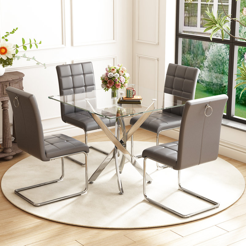 5- Piece Dining Table Set,Glass Top Metal Base Dining Tablewith 4 Faux Leather Dining Chairs, Silver, Gray/Silver