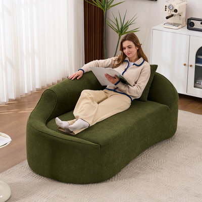 Compression Curved Chaise Longue Chair Indoor, Modern Chenille Loveseat Couch with Deep Seat Sofa Bed with 1 Pillow, Sleeper Sofa Couch for Living Room, Bedroom, Apartment, Green