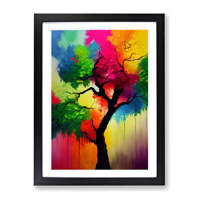 Colourful Tree No.3 - Painting, 66cm H x 48cm W x 2cm D, Black Framed, White