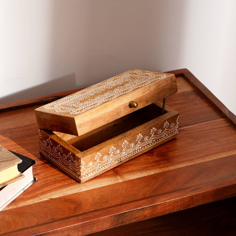 Boîte décorative | Boîte de rangement en bois sculpté à la main | 6 x 6 x 3 po, H 3 po x l 6 po x P 6 po