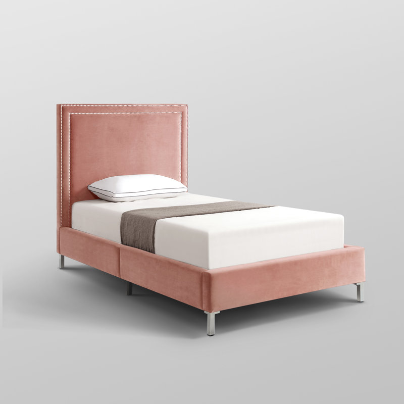 Lit plateforme tapissier Crampton, Velours, Rosé, Lit simple
