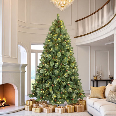 Sapin de Noël artificiel vert pré-illuminé avec lumières, pommes de pin et support en métal