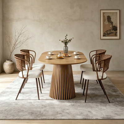 4-Piece Farmhouse Dining Set, Solid Wood Extendable Dining Table with Dark Brown Wicker Dining Chairs for Indoor Dining Room