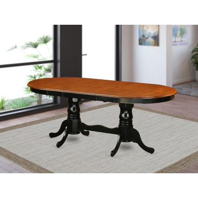 Plainville Modern Dining Table - an Oval Kitchen Table Top with Butterfly Leaf & Double Pedestal Base, Black & Cherry