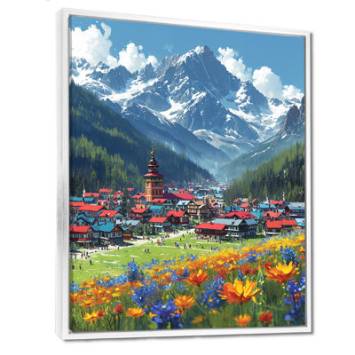 Impression sur toile murale, «Swiss Mountain Town Blossoming Spring Flowers» - campagne