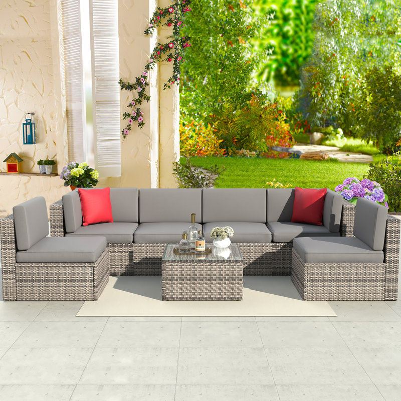 Ensemble de conversation modulaire en rotin 7 pièces avec coussins Nagisa