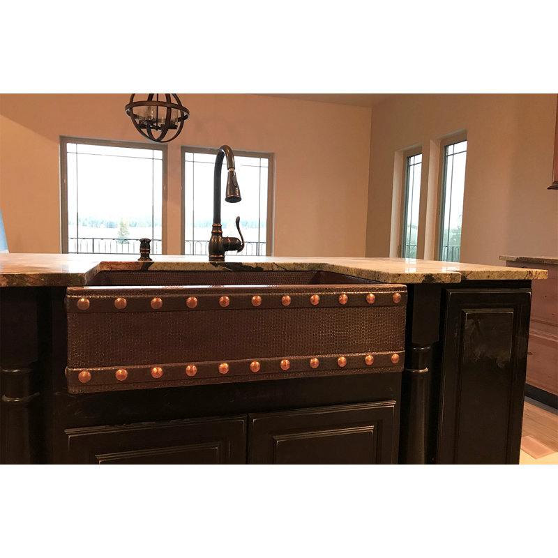 33" Hammered Copper Kitchen Apron Single Basin Sink w/ Barrel Strap Design with Matching Drain and Accessories