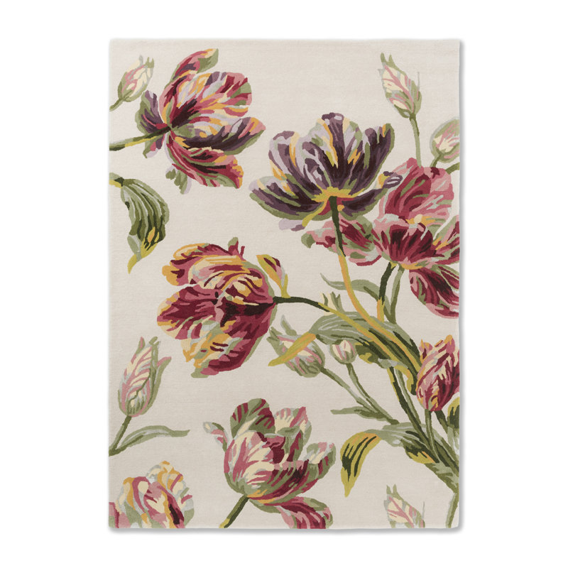 Tapis floral beige en laine touffeté à la main, Rectangle 4 pi 7 po x 6 pi 7 po