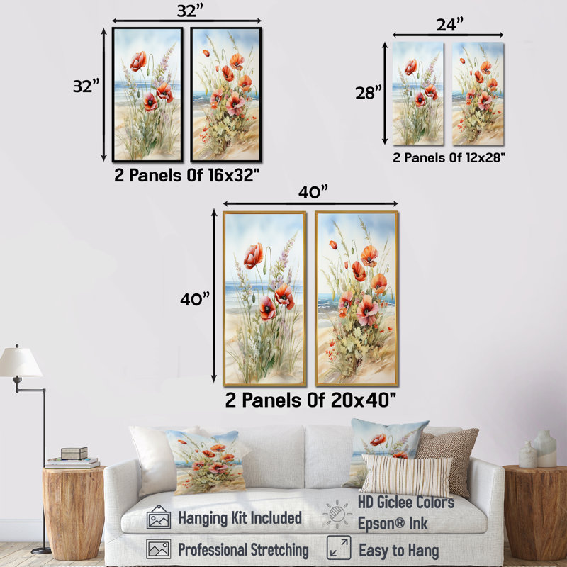 Coquelicots rouges sur la plage - ensemble de 2 impressions sur toile coquelicots, Toile tendue, H 28 po x l 25 po