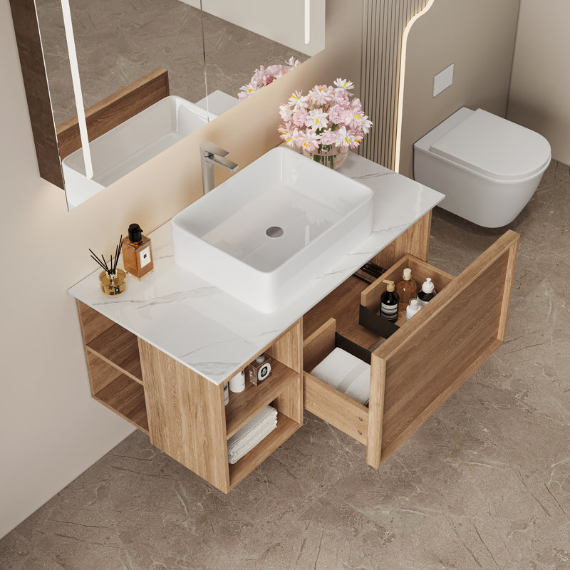 Meuble-lavabo flottant 36 po - Design de lavabo simple avec plateau en pierre blanche brillante et armoires en bois