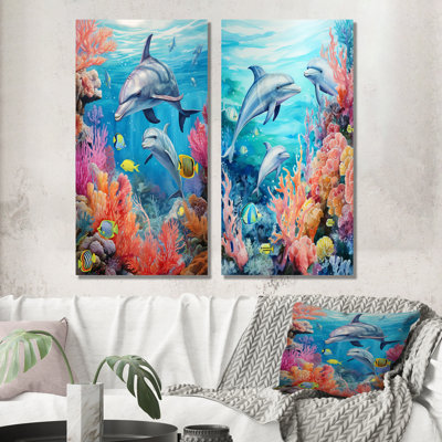Ensemble de salon mural Dauphin Family Ocean Ballet - Coastal Coral Under Water