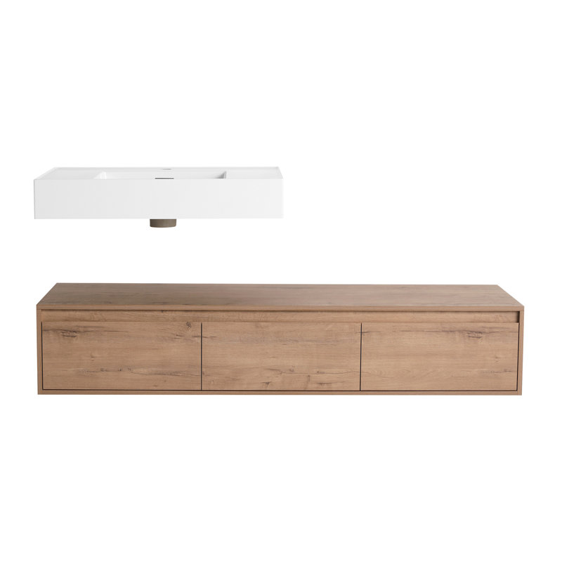 Meuble-lavabo mural de 60 po avec lavabo en résine, tiroir à fermeture en douceur et fixation flottante