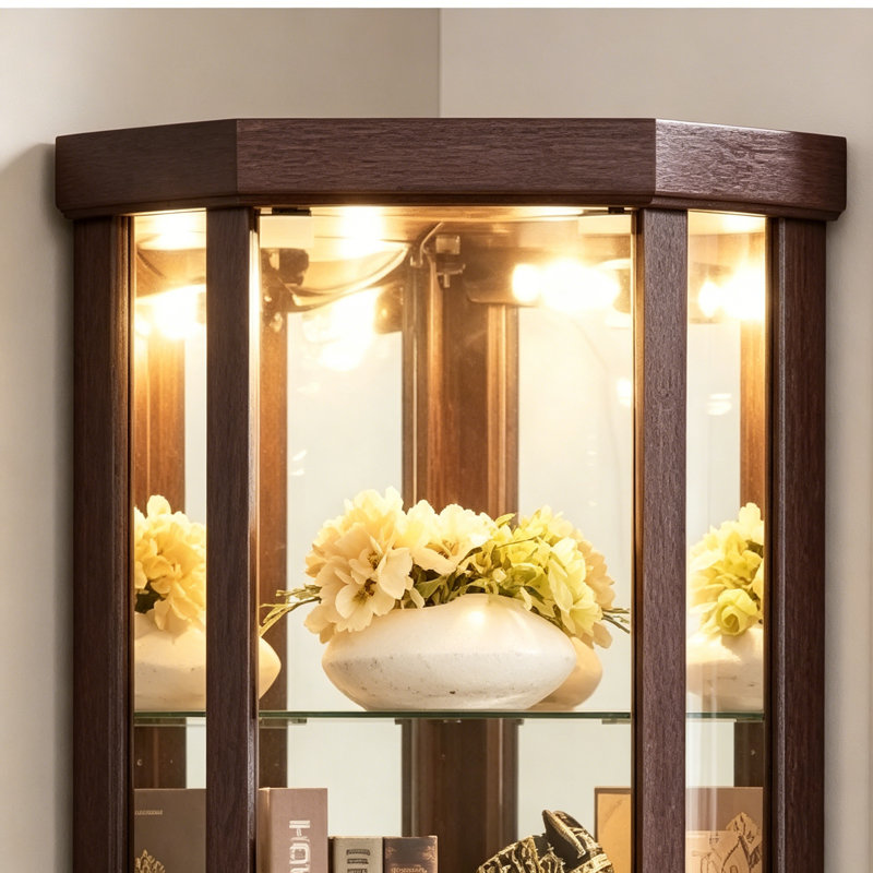 Vitrine de coin lumineuse avec vitrine élégante, Cerisier