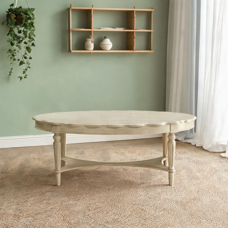 Table basse pour le salon, de forme ovale blanche, d'une largeur de 50 pouces, avec tablette inférieure et pieds tournés