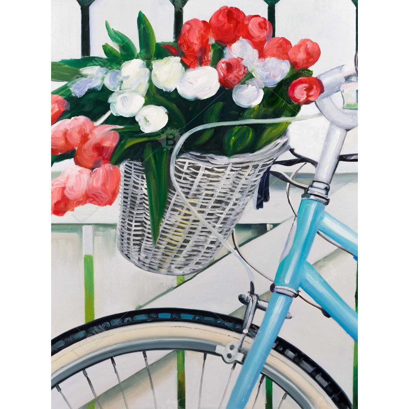 Vélo avec tulipes fleurs dans un panier - Toile de décoration intérieure