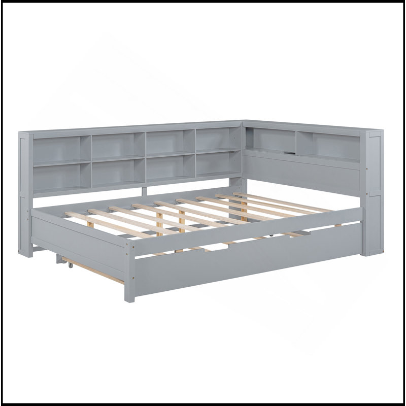 Wooden Full Size Daybed With Twin Size Trundle, Daybed With Storage Shelf And USB Charging Ports, Gray