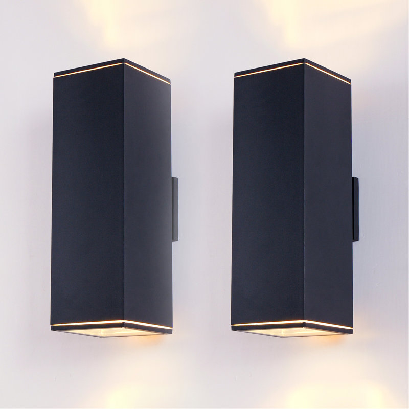 Applique murale d'extérieur 18 po avec 2 lumières avec tube rectangulaire en aluminium et couvercle en verre trempé, paquet de 2 (noir mat) (sans ampoule)