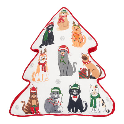 Christmas Cats in Festive Holiday Outfits Tree Shaped Throw Pillow 18.5" x 20"