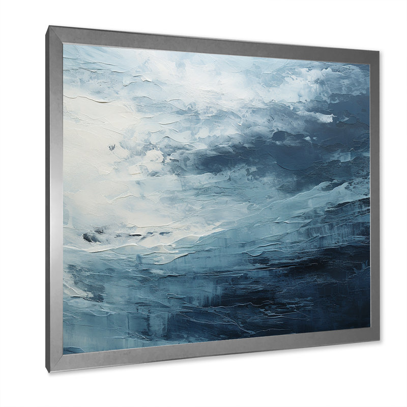 Minimalism Black And Blue Paint Wave - Abstract Canvas Art Print, 30" H x 30" W x 1" D, Silver Single Picture Framed