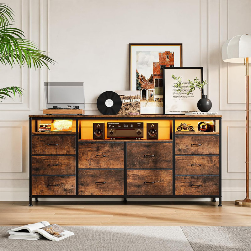 Commode 63,3 pouces pour chambre à coucher, meuble télé 10 tiroirs, Brun