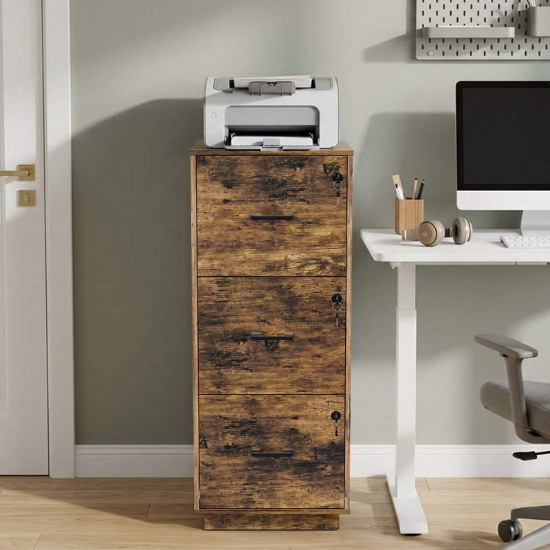 Wooden 3 Drawers File Cabinet With Lock 38.58"H, Brown