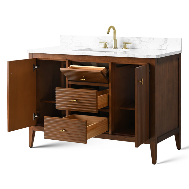 48'' Single Bathroom Vanity with Engineered Marble Top, Linear Walnut, Golden Brushed